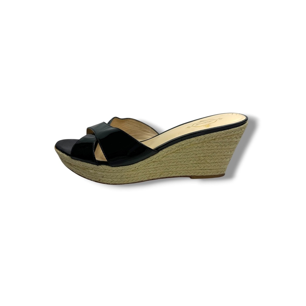 Footcandy Black Patent Leather Espadrille Wedge Sandals Criss Cross Slides 10.5B